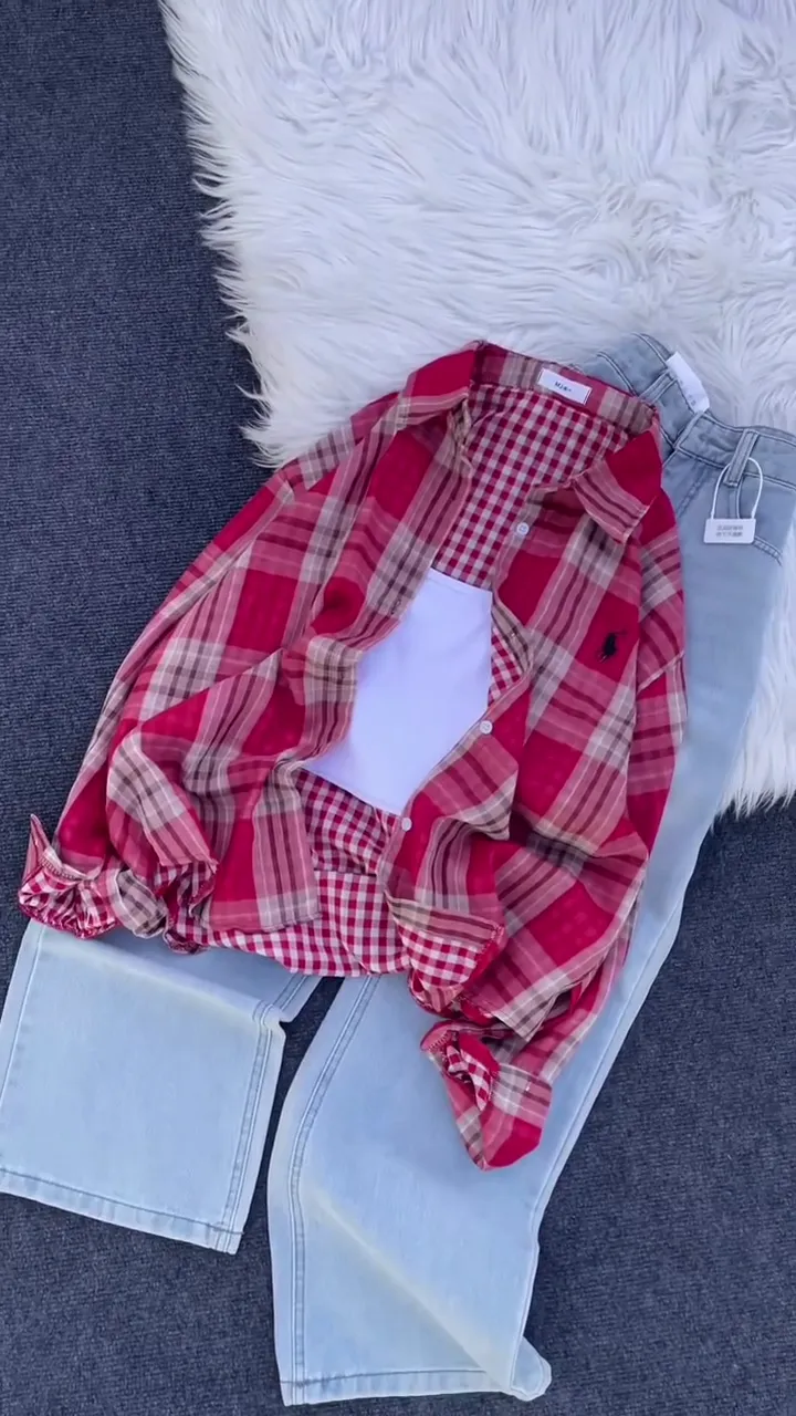 Cherry Crush Plaid Shirt &amp; Light-Wash Denim Co-Ord Set ❤️👖✨